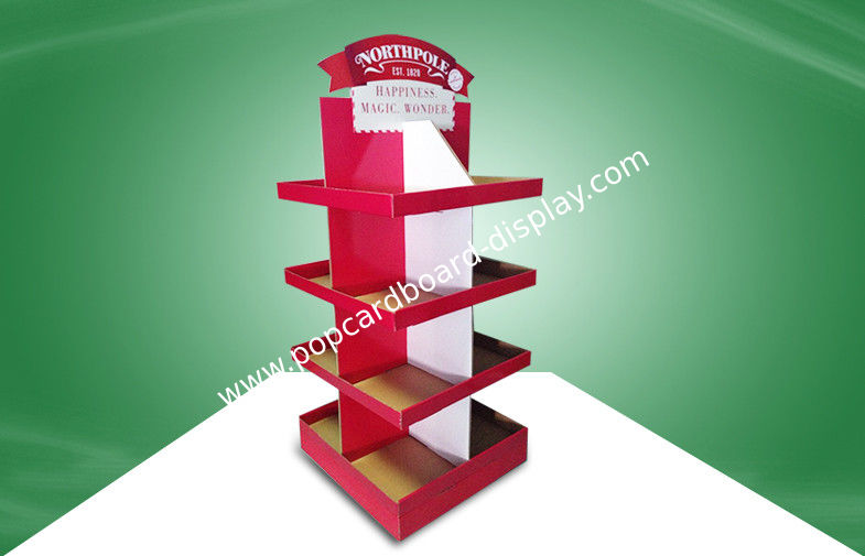 Red Eco-friendly Corrugated Cardboard Free Standing Display Units Four Shelves Shinning Offset Printing