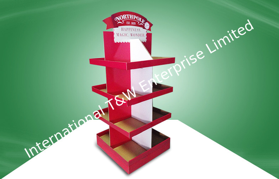 Good price Red Eco-friendly Corrugated Cardboard Free Standing Display Units Four Shelves Shinning Offset Printing online
